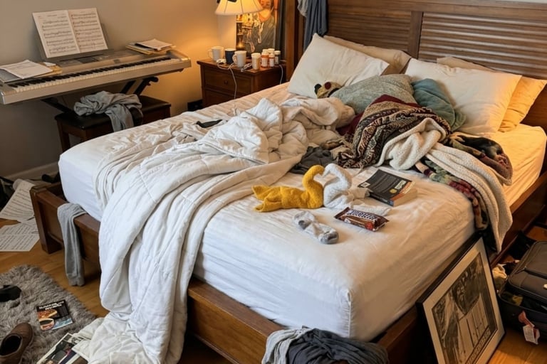Unmade bed with scattered clothing and personal items piled on white sheets in a hotel room with wooden furniture.