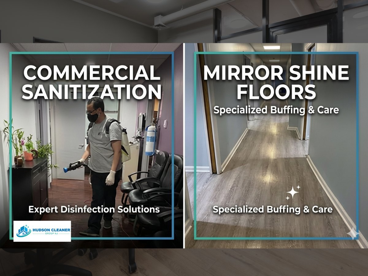 Two promotional banners for commercial cleaning services: sanitization disinfection solutions and mirror shine floors with buffing and care