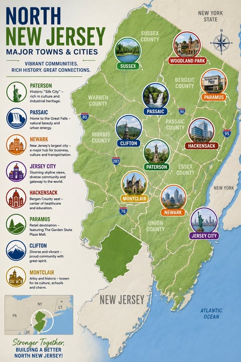 Map of North New Jersey showing major towns and cities including Paterson, Passaic, Newark, Jersey City, and Hackensack with icons and descriptions
