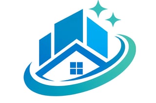 Modern blue house logo with curved swoosh and sparkling stars for real estate or home service business